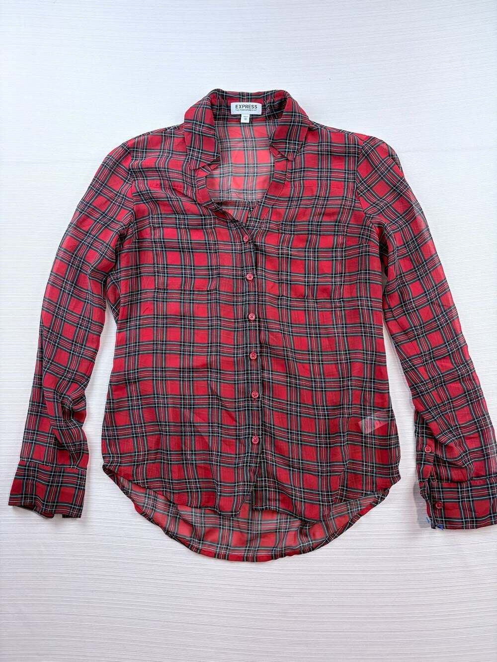 Express The Portofino Shirt Red Black Plaid Long Sleeve Button Down Blouse XS